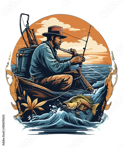 A fisherman catches fish with a fishing rod illustration