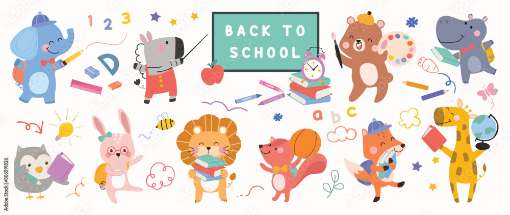 Back to School concept animal vector set. Collection of adorable ...