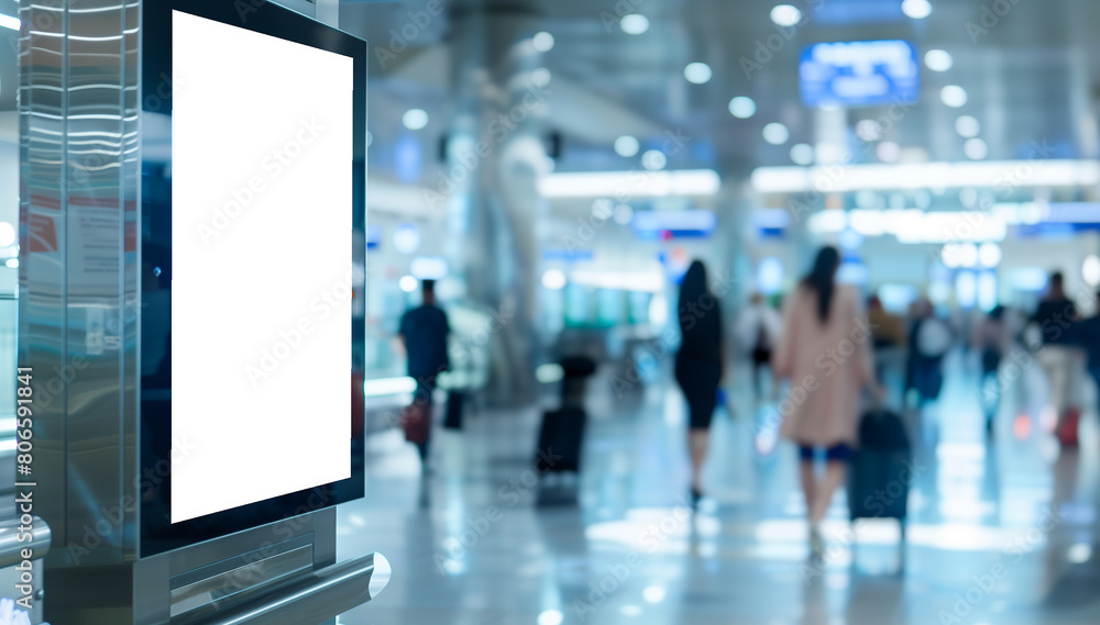 Digital signage billboard poster display at airport or metro transportation station with blurred people ideal for travel vacation or business marketing concept. Blank Display Panel frame Digital signage billboard poster display at airport or metro transportation station with blurred people ideal for travel vacation or business marketing concept. Blank Display Panel frame