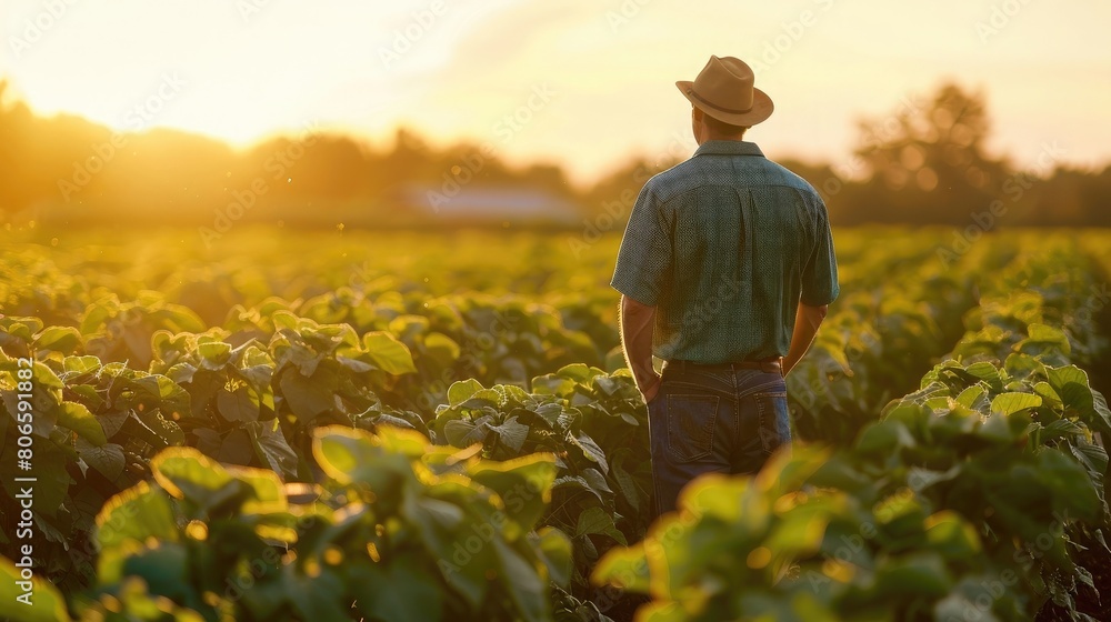 Unrecognizable male farmer standing in soybean plants rows
