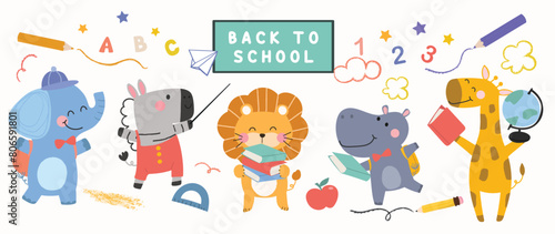 Back to School concept animal vector set. Collection of adorable wildlife, elephant, zebra, lion, hippo, giraffe. School with funny animal character illustration for greeting card, kids, education.