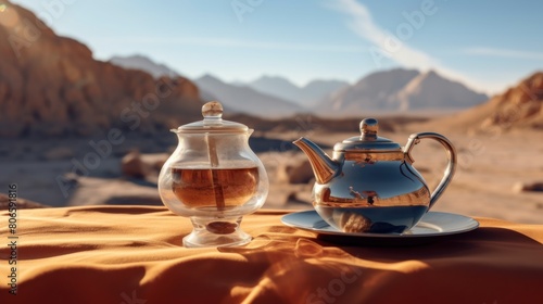Tea with a teapot on a table in the desert.AI generated image