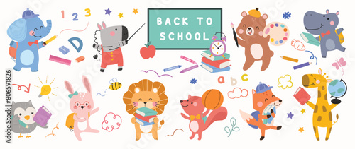Back to School concept animal vector set. Collection of adorable wildlife, rabbit, squirrel, bear, fox, elephant.  School with funny animal character illustration for greeting card, kids, education.
