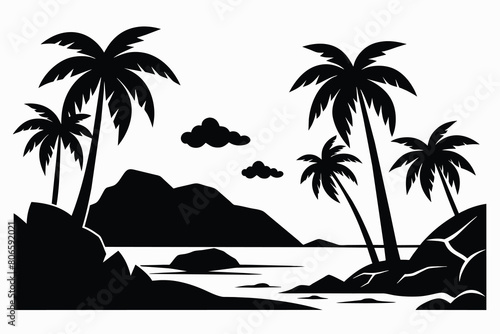 Tropical beach landscape with palm trees and rocks on the seashore cartoon vector illustration