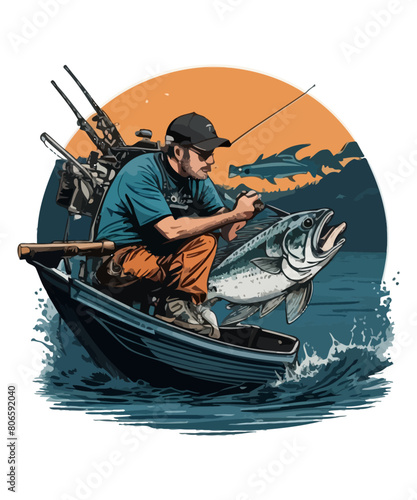 A fisherman catches fish with a fishing rod illustration