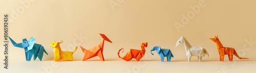 A line of origami animals including an elephant, a giraffe, a horse, a dog, a cat and a deer.
