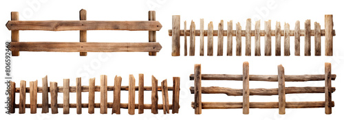 Set of rustic wooden fences, cut out