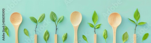 A row of wooden spoons with green leaves on a blue background.