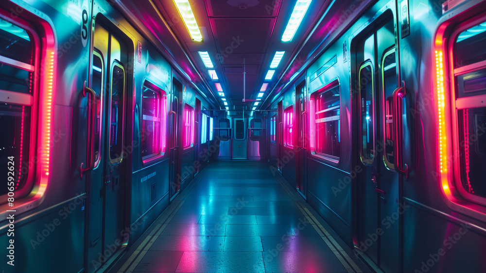 Urban Rave: Futuristic Subway Car Illuminated in Colorful Lights