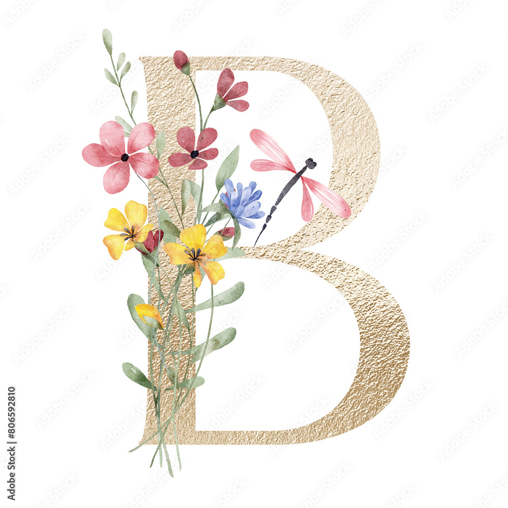 Golden letter B with watercolor flowers and leaves. Floral alphabet ...
