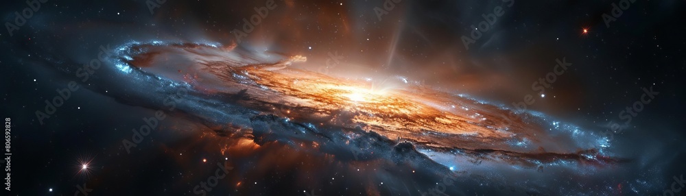 Naklejka premium Contemporary galaxy wallpaper with a minimalist design, focusing on a single, bright quasar in a dark expanse