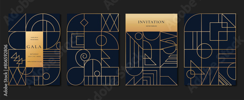 Geometric line pattern cover design vector. Set invitation card of abstract geometric line art design on dark blue background. Use for wedding invitation, cover, VIP card, print, gala, wallpaper. photo