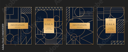 Geometric line pattern cover design vector. Set invitation card of abstract geometric line art design on dark blue background. Use for wedding invitation, cover, VIP card, print, gala, wallpaper.