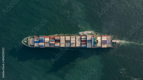 Aerial view container cargo ship maritime carrying container, Global business import export logistic freight shipping transportation international by container cargo ship, Container fright shipping.