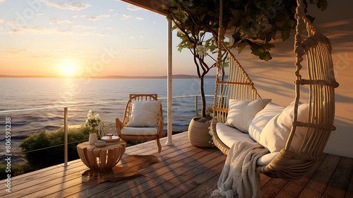 Seaside balcony with a hanging swing chair, nautical decor, and a view of the sunset over the ocean,