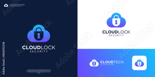 Cloud logo with negative space padlock and key hole logo design. photo
