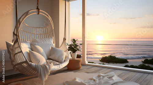 Seaside balcony with a hanging swing chair, nautical decor, and a view of the sunset over the ocean,