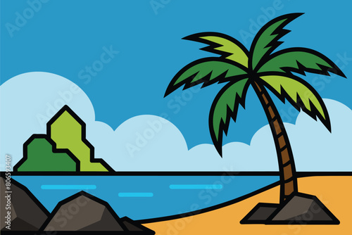 Tropical beach landscape with palm trees and rocks on the seashore cartoon vector illustration © mobarok8888