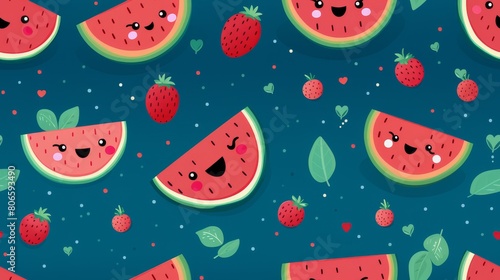 Seamless pattern watermelon, cherry and strawberry