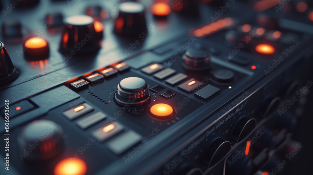 Closeup shot of an audio mixer control panel and sound amplifier for recording studio