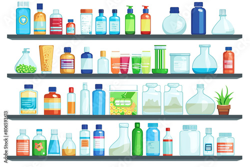 Household chemicals shelves. Store of chemical cleaning products, hygiene and bottle powder gel.