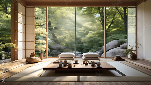 Serene meditation room with tatami mats  shoji screens  and a minimalist zen garden 