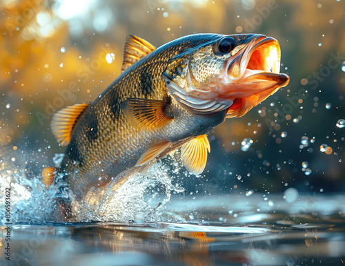 A beautiful photo of an American Bass fish jumping out of the water  mouth open and eyes focused on its prey. Created with Ai