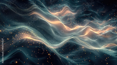 abstract digital particles wave flowing over dark background 3d rendering