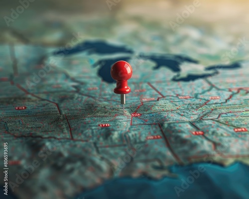 A red push pin marking the location of a destination point an antique map