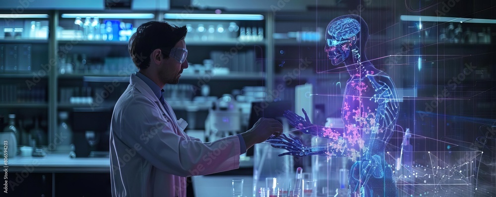 An advanced AI hologram assisting a scientist in a hightech lab, displaying complex data visualizations in midair An advanced AI hologram assisting a scientist in a hightech lab, displaying complex data visualizations in midair
