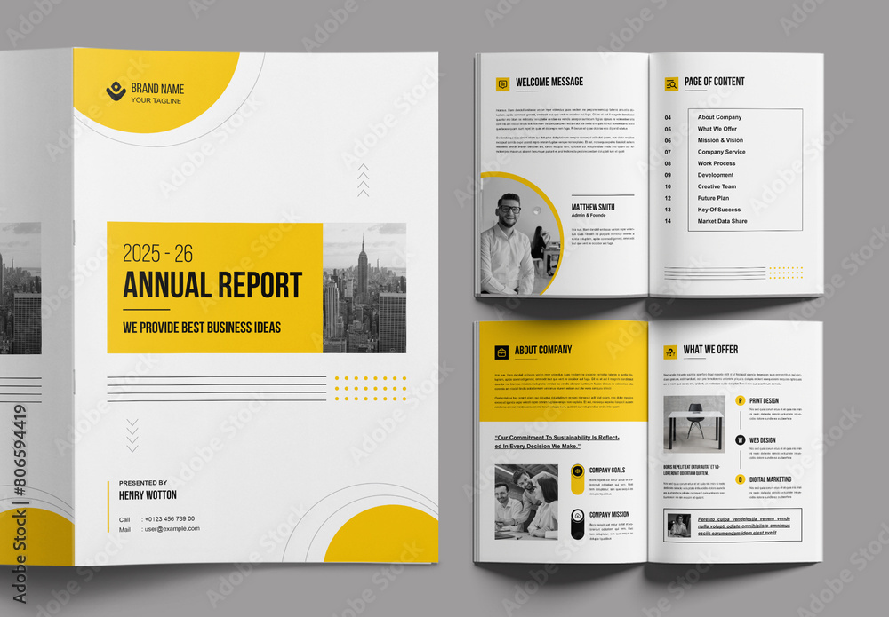 Annual Report Layout With Yellow Accents Stock Template | Adobe Stock