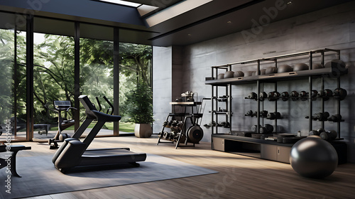 Sleek digital home gym with smart fitness equipment and a wall-mounted workout screen, photo
