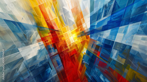 Contemporary digital art featuring dynamic geometric shapes in vivid  contrasting colors  evoking movement and energy.