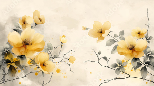 White background, light yellow watercolor flowers on the left side of beige paper, hand drawn style, in the style of traditional Chinese painting, simple and elegant, with white space in front.