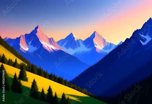 Digital Painting Serene Mountain Range At Sunset M (7) 1