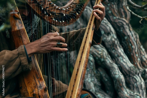 An artist creating music directly from nature, plucking the strings of tree branches like a harp