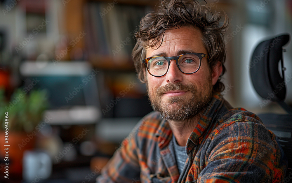 Man with glasses sitting in front of bookshelf. Generative AI Man with glasses sitting in front of bookshelf. Generative AI