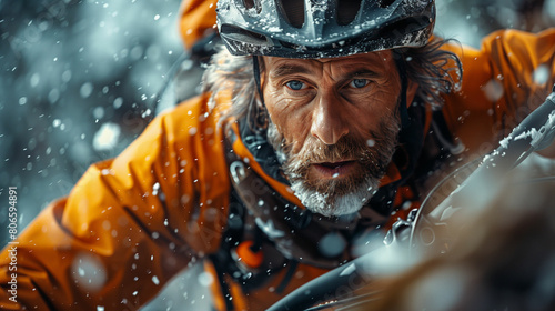 Man wearing helmet and orange jacket in the snow. Generative AI photo