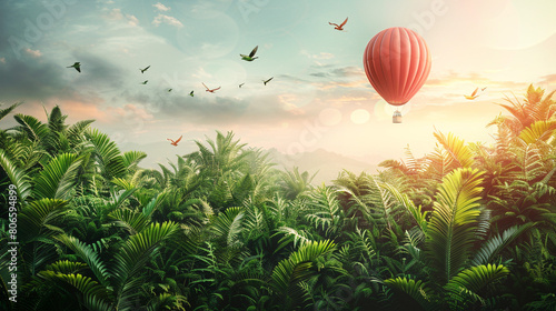 Hot air balloon floating over a lush green jungle, exotic birds flying around.