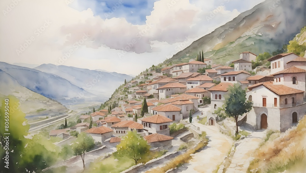 Fototapeta premium Berat Albania Country Landscape Illustration Art