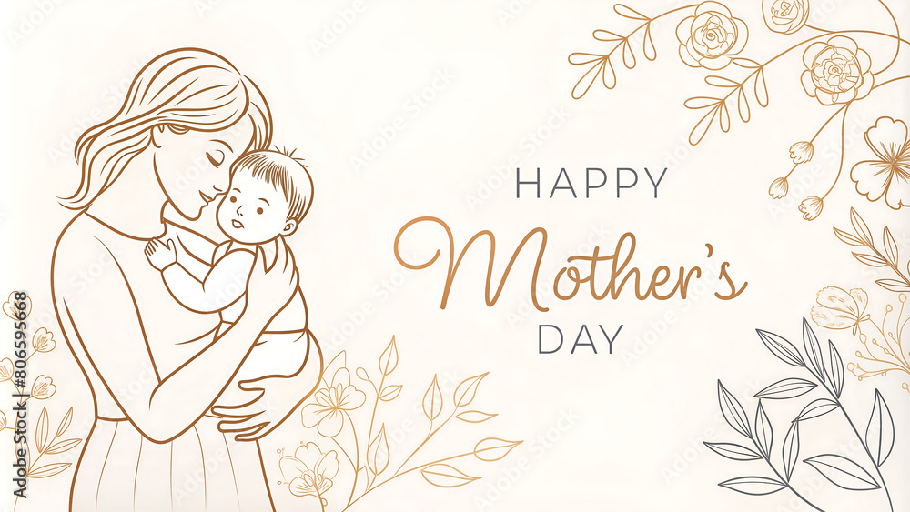 Mothers Day background illustration with mom and baby in a floral setting Mothers Day background illustration with mom and baby in a floral setting