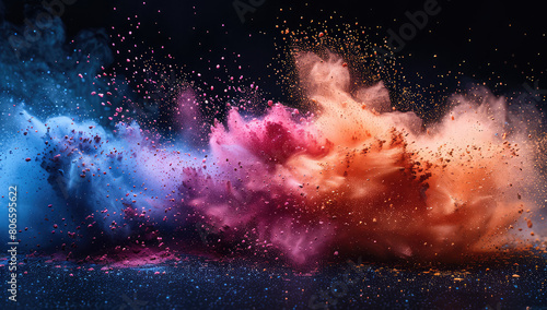 A vibrant explosion of colorful dust particles against the dark background  creating an abstract and dynamic visual effect. Creared with Ai