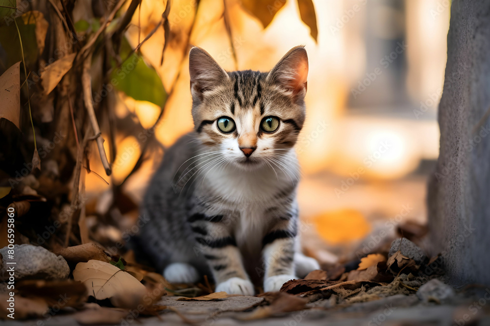 Cute kitten sitting outdoors staring at camera with playful eyes Cute kitten sitting outdoors staring at camera with playful eyes