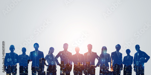 Group of multinational businesspeople and digital technology concept. Wide angle visual for banners or advertisements.