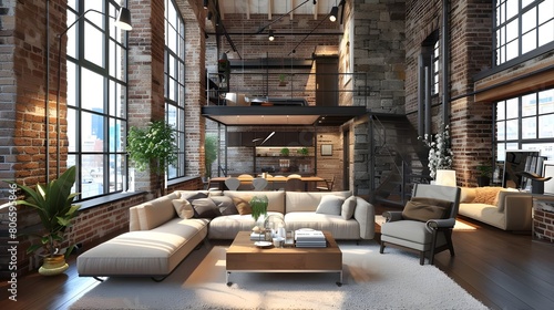 Interior of a living room  Penthouse Loft with dark stone walls with hardwood floors  