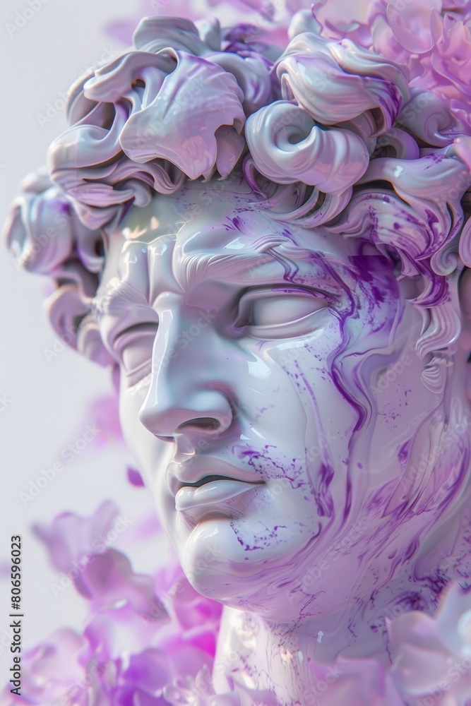 Vaporwave and retrowave style composition print for t-shirt or apparel, postmodern aesthetics with distorted Renaissance antique Greek sculpture and fluid slime blobs. Vector ... See More