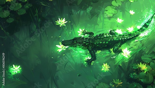 An overhead view of a cyberpunk alligator gliding through neongreen swamp waters, leaving a trail of glowing lilies in its wake photo
