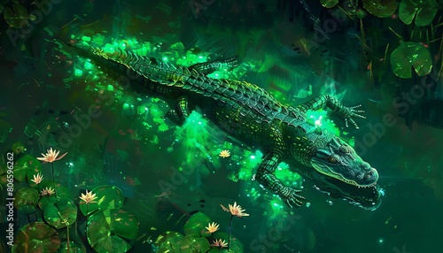 An overhead view of a cyberpunk alligator gliding through neongreen swamp waters  leaving a trail of glowing lilies in its wake