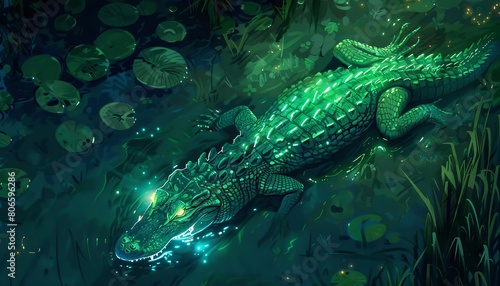 An overhead view of a cyberpunk alligator gliding through neongreen swamp waters, leaving a trail of glowing lilies in its wake photo