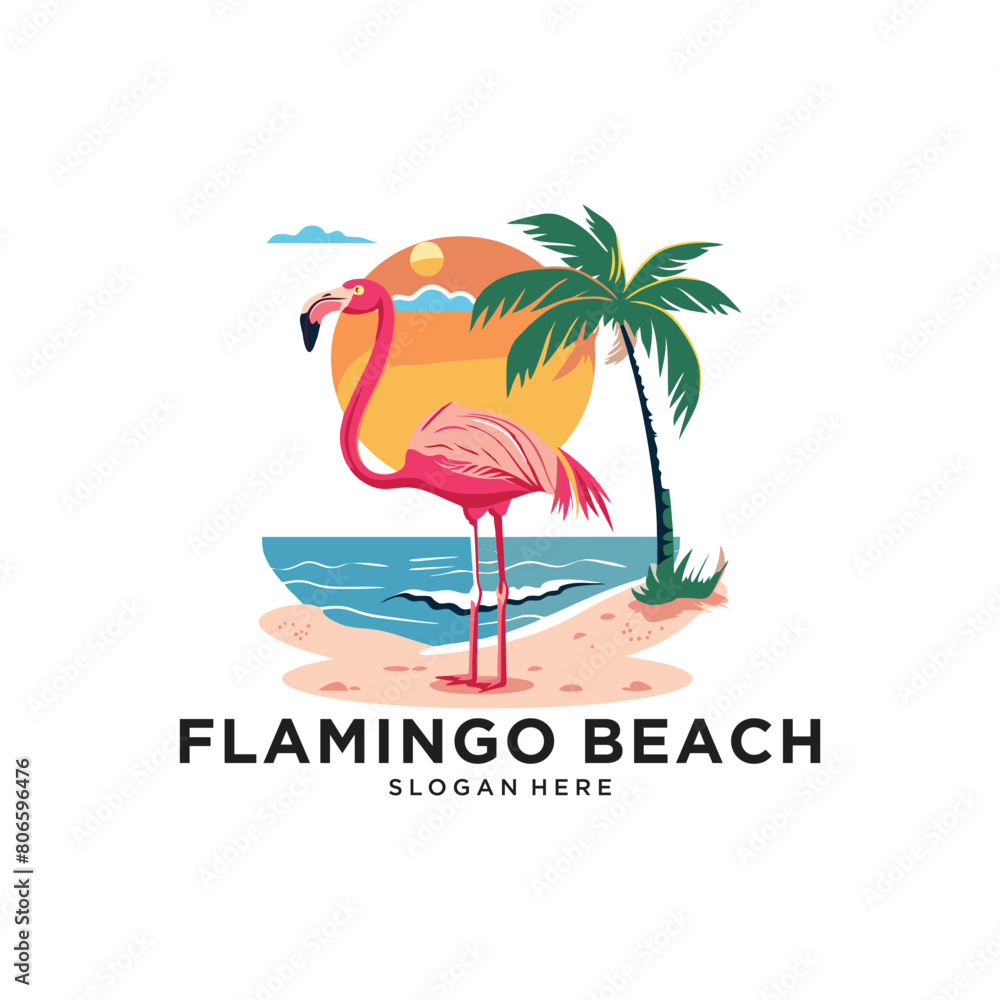 flamingo beach logo design vector illustration